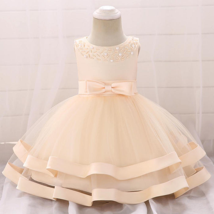 Solid Coloured Beaded Neck Layered | Baby Girls Dress