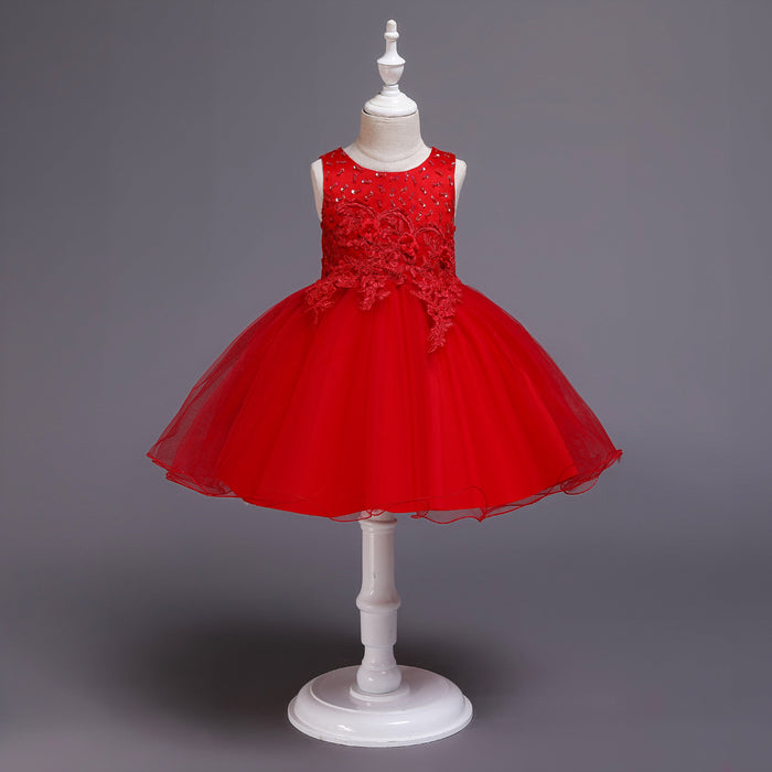 Elegant solid colour girls dress featuring detailed floral embroidery