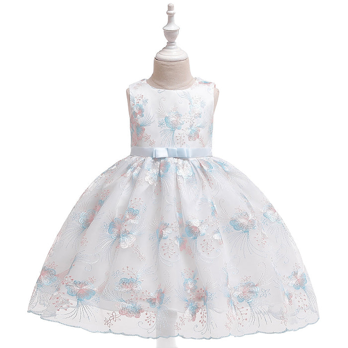 Stylish girls dress featuring colorful floral embroidery and a sleeveless, knee-length cut