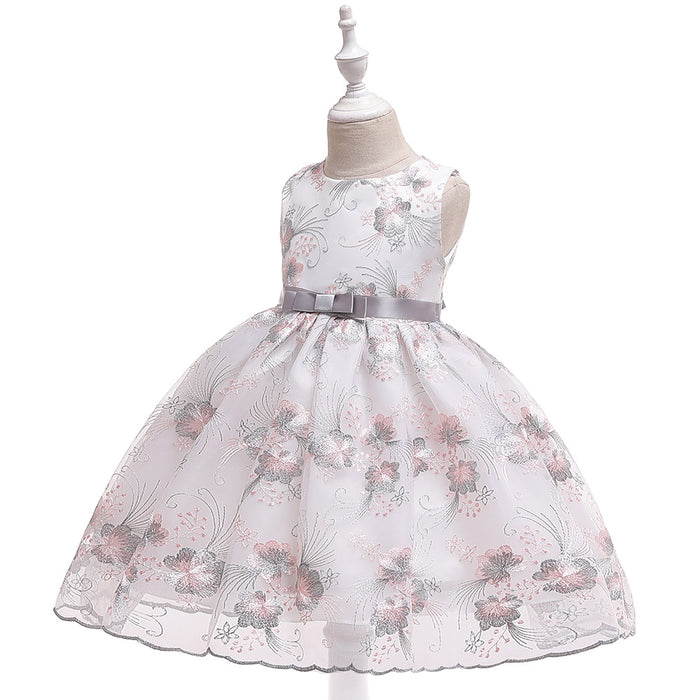 Girls sleeveless knee-length dress with active floral embroidery design for everyday wear or events