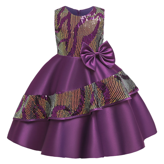 Solid Coloured Sequins Bow Sleeveless Knee-Length | Girls' Dress