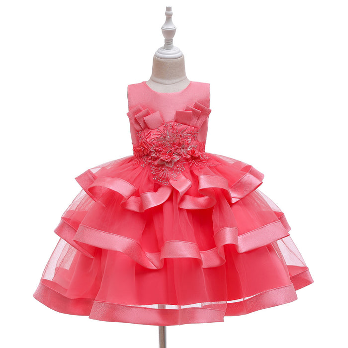 Solid Coloured Floral Beaded Layered Knee-Length | Toddler Dress