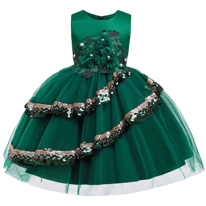 Sequins Beaded Mesh Sleeveless Knee-Length Patchwork | Girls' Dress