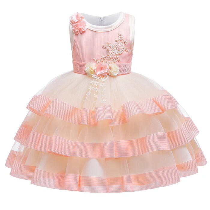 Girls knee-length dress with 3D floral embroidery and layered sleeveless design