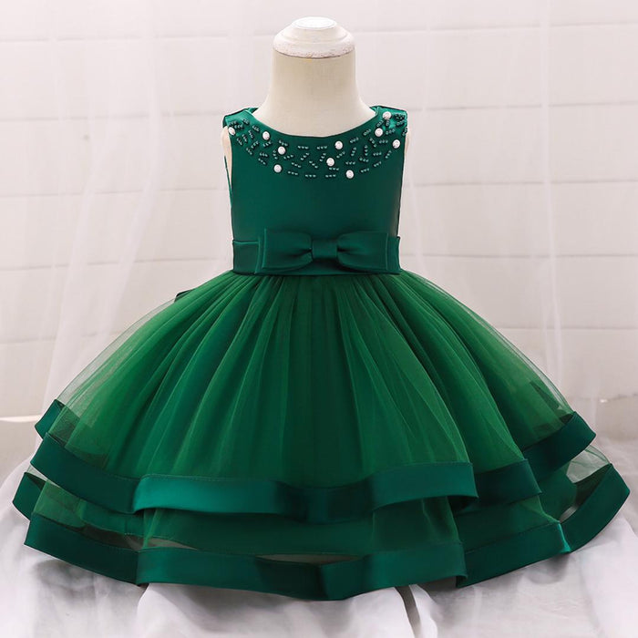Solid Coloured Beaded Neck Layered | Baby Girls Dress