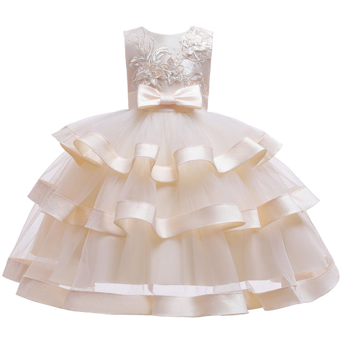 Off-White princess dress | Girls' Solid Coloured Floral 3 Layered Sleeveless Knee-Length