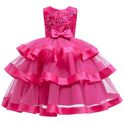 pink princess dress | Girls' Solid Coloured Floral 3 Layered Sleeveless Knee-Length 