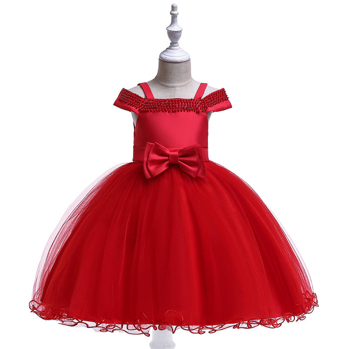 Girls' Sweet Solid Coloured Beaded Neck Off Shoulder Sleeves Knee-Length Dress