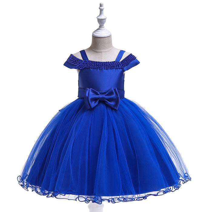 Girls' Sweet Solid Coloured Beaded Neck Off Shoulder Sleeves Knee-Length Dress