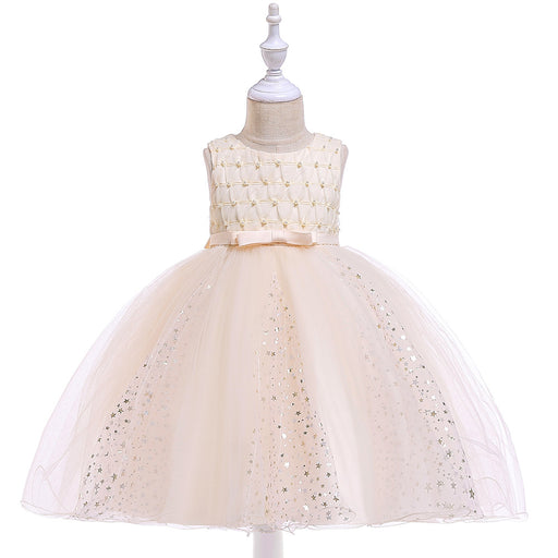 Girls' Cute Basic Coloured Beaded Bow With Star Design Sleeveless Knee-Length Dress