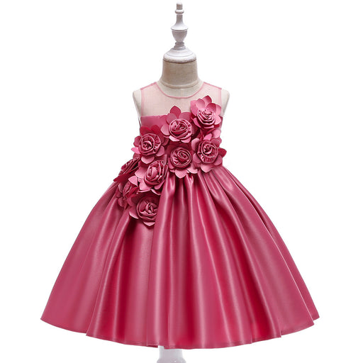 Girls' Solid Coloured 3D Floral Sleeveless Knee-Length Dress