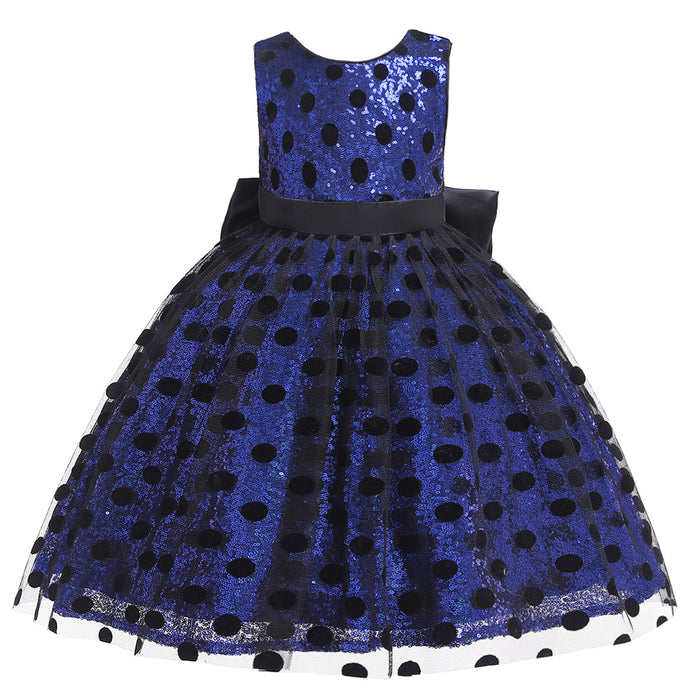 Girls' Sophisticated Polka Dot Sequins Bow V-Back Sleeveless Knee-Length Dress