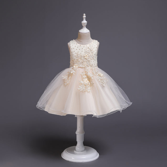 Stylish sleeveless girls dress with classic floral embroidery and soft fabric