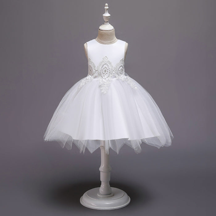 Girls' Sweet Bow Embroidered Sleeveless Knee-Length Dress