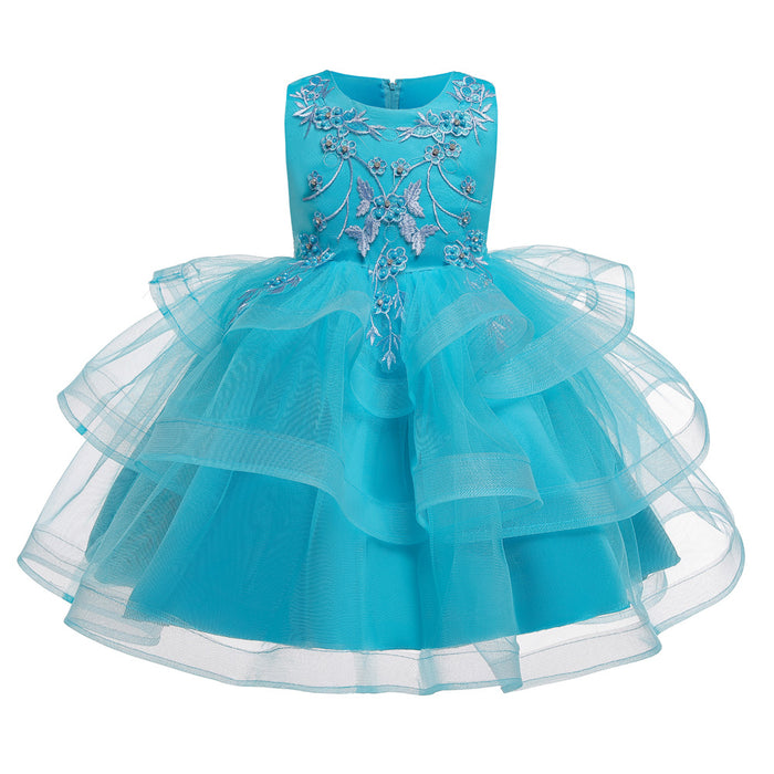 Floral Embroidered Layered Sleeveless Knee-Length | Girls Dress