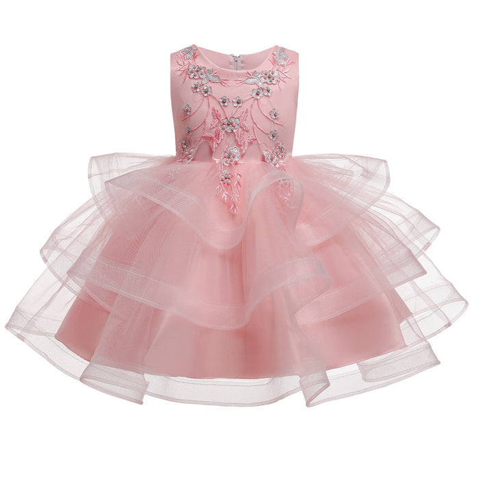 Floral Embroidered Layered Sleeveless Knee-Length | Girls Dress