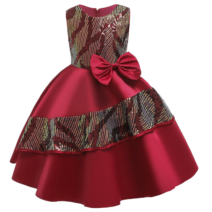 Girls' Solid Coloured Sequins Bow  Sleeveless Knee-Length Dress
