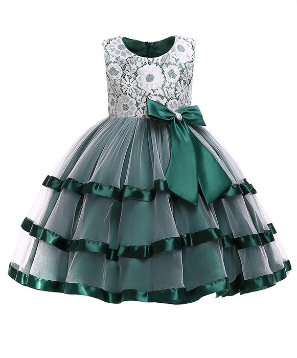 Girls' Solid Coloured Bow Sleeveless Below Knee-Length Dress