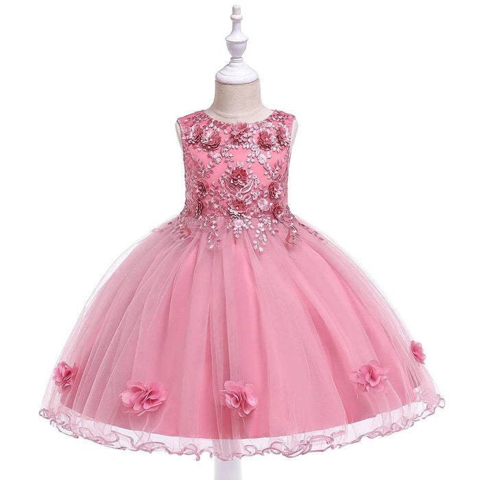 Girls' Solid Coloured Floral Embroidered Sleeveless Knee-Length Dress